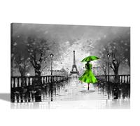 Black and White Calm Of The Rain in Paris Green Abstract Canvas Wall Pictures | Framed Art Prints for Livingroom, Bedroom Office 40 x 30cm (16 x 12 inches) A3
