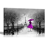 Black and White Calm Of The Rain in Paris Purple Extra Large Canvas Wall Art Pictures l Modern Prints | Abstract Artwork for Living Room Bedroom 101 x 76cm (40 x 30 inches)
