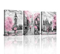 Black and White Canvas Wall Art for Living Room Bedroom Bathroom Girls Pink Paris Theme Room Decor Oil Painting Print London Big Ben Tower Eiffel Painting for Wall Decor Pink