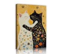 Black and White Cat Embrace Canvas Picture Print Golden Background Canvas Wall Art Painting for Bedroom Living Room Coffee Decor 70x100cm Innerframe