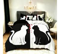 Black and White Cat Heart King Size Duvet Cover Sets, Romantic | Bedding Set 3D Print Extra Soft 3 Pieces, for Bedroom, Unisex, Machine Washable, Zipper Corner Tie, with 2 Pillowcases