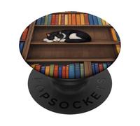 Black and White Cat on Bookshelf PopSockets Adhesive PopGrip