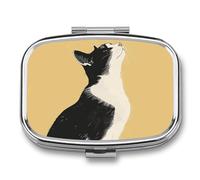 Black and White Cat Pill Box - 2 Compartment Travel Pill Organizer with Small Mirror, Portable Pillcase for Pocket & Purse, Cute Square Medicine Case, Weekly Medicine Container
