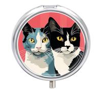 Black and White Cat Pill Box Round Portable Small Pill Case Waterproof Travel Pill Box Organizer for Pocket Purse and Daily Convenience