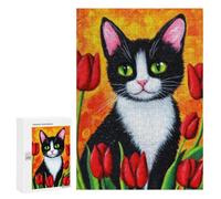 Black And White Cat with Tulips Art Jigsaw Puzzle, 300 PCS, for Adult Puzzle Fans, A Creative Way to Unwind after A Busy Day, at Home