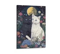 Black And White Cats in Flowers Wall Art, Enchanted Decor, Celestial Cat Poster Artistic Wall Mural Modern Hanging Decor Poster20x30inch(50x75cm)