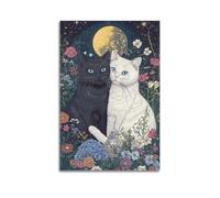 Black And White Cats in Flowers Wall Art, Enchanted Decor, Celestial Cat Poster Artistic Wall Mural Modern Hanging Decor Poster08x12inch(20x30cm)