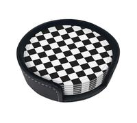 Black and White Checkered Coasters for Drinks Round Leather Coaster with Holder Set of 6 for Tabletop Protection Desk Accessories Office Home Room Decor