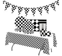 Black and White Checkered Party Tableware Set,52pcs Racing Car Themed Party Paper Plates Cups Napkins Tablecloth and Banner Kits for Boys Girls Birthday Party Picnic Race Car Themed Table Decoration