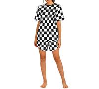 Black And White Checkered Printed Women'S Pyjamas Sets Super Soft Round Neck Pjs Sleepwear, Regular Fit Short Sleeve T-Shirt And Short Casual Loungewear Nightwear With Pockets S-3xl
