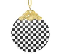Black And White Checkered Stripes Elegant Glass Round Pendant, Detailed 3.3 Inch Holiday Ornament For Gift And Celebration