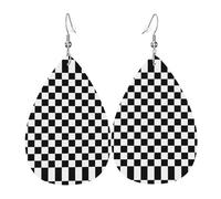 Black And White Checkered Stripes Trendy Leather Teardrop Earring Lightweight Bohemian Earrings Set Jewelry Gift For Women Girl