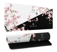 Black and White Cherry Blossom Gaming Mouse Pad XL，Extended Large Mouse Mat Desk Pad,Japanese Pink Sakura Death Life Long Non Slip Rubber Base Mice Pad 31.5 X 11.8 Inch