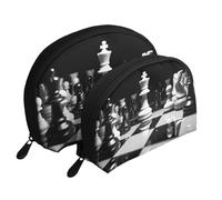 Black and White Chess_74804764 Portable Shell Cosmetic Bag Set - Travel Makeup Organiser with Zipper & Inner Compartments