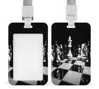 Black and White Chess ID Badge Holder Waterproof Card Protector Push-Pull Slot Work ID Card Holder with Lanyard Personalized Detachable Card Holders for Office Corporate Use