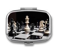 Black and White Chess Pill Box - 2 Compartment Travel Pill Organizer with Small Mirror, Portable Pillcase for Pocket & Purse, Cute Square Medicine Case, Weekly Medicine Container
