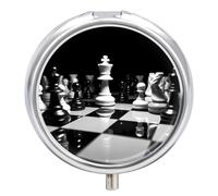 Black and White Chess Pill Box Medicine Pill Organizer 3 Compartment Daily Pill Case Small Pill Container Round Pill Holder Travel Pill Box Metal Pill Case for Purse Pocket