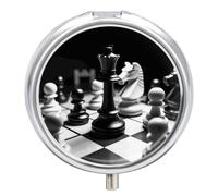 Black and White Chess Pill Box Portable Mini Travel Pill Organizer Holder 3 Compartment Decorative Round Pills Case Exquisite Daily Vitamin Container for Cod Liver Oil