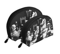 Black and White Chess Portable Shell Cosmetic Bag Set - Travel Makeup Organiser with Zipper & Inner Compartments