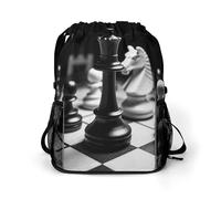 Black And White Chess Sports Drawstring Backpack,Packsack with Shoe Compartment And Wet Proof Pocket for Youth
