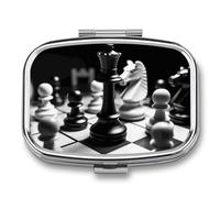 Black and White Chess Travel Pill Organizer - Daily Pill Box to Hold Vitamins, Portable Cod Pill Case with 2 Pocket Wallet Compartments