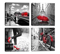 Black and White City Landmark Building Eiffel Tower Wall Art Canvas Print Red High Heels Girl Silhouette Girl Room Decoration Red Rose Bicycle Romantic Picture Bathroom Decoration 16x16 in x4 Panel