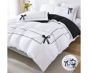 (Black And White Color, single(135cm*200cm)) 3pcs January 85G Chemical Fiber Polyester Double Back Frame Plus Surface Black Bow Tie Digital Printing Quilt Cover Set, Bedding