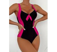 Black and White Contrasting 1pc Swimsuit for Women, Sweet Bow Design that Covers the Belly for a Effect