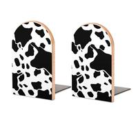 Black and White Cow Print Book Ends for Shelves - 2 Pack Handmade Wooden Bookends with Metal Base, Sturdy Book Holder for Heavy Books Modern Decorative Book Stopper for Home Office