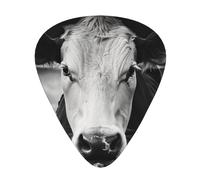 Black and White Cow Print Guitar Picks 12-Pack - Assorted Thickness Picks (0.46mm, 0.71mm, 0.96mm) with Storage Box & Assorted Unique Design for Acoustic, Electric, Bass, and Ukulele Players