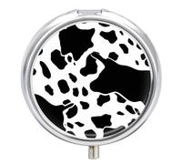 Black and White Cow Print Pill Box Medicine Pill Organizer 3 Compartment Daily Pill Case Small Pill Container Round Pill Holder Travel Pill Box Metal Pill Case for Purse Pocket