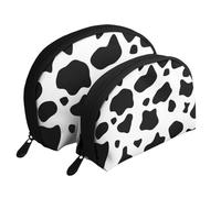 Black and White Cow Print Portable Shell Cosmetic Bag Set - Travel Makeup Organiser with Zipper & Inner Compartments