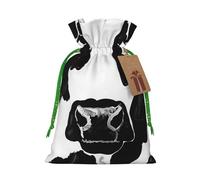 Black and White Cow Print Printed Christmas Drawstring Bags for Xmas Gift Wrapping, Green Christmas Ribbon, M
