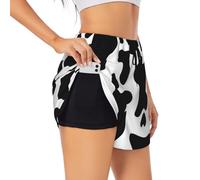 Black and White Cow Print Womens Athletic Sweat Short Summer Casual Drawstring Workout Shorts with Liner, Black, S