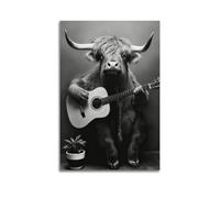 Black And White Cow Wall Art Poster Highland Cow Playing Guitar Poster Funny Cattle Canvas Print Cute Humor Animal Pictures Music Art Painting08x12inch(20x30cm)