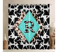 Black and White Cowhide Window Curtains 46 x 72 Inch 2 Panel Sets - Highland Cow Print Western Blackout Curtains Masculine Cottage Initial Letter R Drapes Personalized Mancave Alphabet Monogrammed