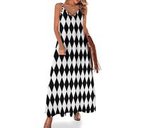 Black and White Diamonds Print Summer Maxi Dresses for Women 2025, Casual Spaghetti Strap Long Beach Sundresses
