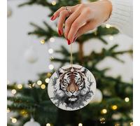 Black and White Doodle Tiger Ceramic Christmas Ornaments - 2.8 Inch Rustic Round Xma Tree Decor with Hanging String, Personalized Vintage Double-Sided Holiday Party Decorations for Xmas Gifts