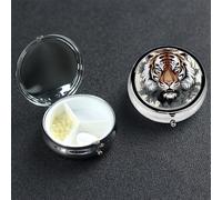 Black and White Doodle Tiger Pill Box with Mirror 3 Compartment Decorative Pill Case for Purse or Pocket Small Round Pill Organizer Weekly Metal Medicine Tablet Vitamin Holder Travel Gift