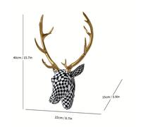 (Black And White) Elegant Modern Mosaic Deer Head Wall Art - Resin Sculpture with Black & White Checkered Pattern, Golden Antlers