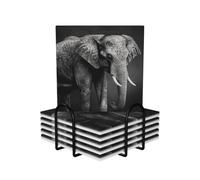 Black and White Elephant Image Coasters Set of 6 Ceramic Coaster with Holder Absorbent Coasters for Drinks Heat Resistant Coffee Table Coasters Cup Pad for Kitchen Office Home Decoration