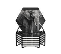 Black and White Elephant Image Coasters Set of 6 Ceramic Coaster with Holder Absorbent Coasters for Drinks Heat Resistant Coffee Table Coasters Cup Pad for Kitchen Office Home Decoration