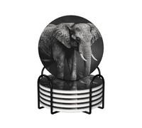 Black and White Elephant Image Coasters Set of 6 Ceramic Coaster with Holder Absorbent Coasters for Drinks Heat Resistant Coffee Table Coasters Cup Pad for Kitchen Office Home Decoration