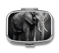 Black and White Elephant Image Pill Box - 2 Compartment Travel Pill Organizer with Small Mirror, Portable Pillcase for Pocket & Purse, Cute Square Medicine Case, Weekly Medicine Container