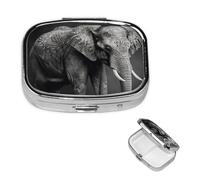 Black and White Elephant Image Pill Case Portable Square Pill Box 2 Compartment Pill Organizer Cute Travel Pill Container Vitamin Organizer for Purse Pocket Travel Gift