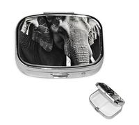 Black and White Elephant Pill Box 2 Compartment Square Portable Pill Case for Pocket or Purse Small Weekly Medicine Planner Travel Pillbox with Mirror Decorative Metal Vitamin Holder Gifts