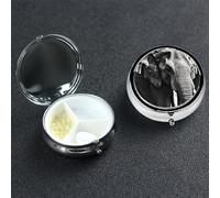 Black and White Elephant Pill Box 3 Compartment Round Portable Pill Case for Pocket or Purse Small Weekly Medicine Planner Travel Pillbox with Mirror Decorative Metal Vitamin Holder Gifts