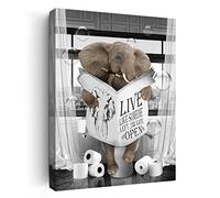 Black and White Farmhouse Bathroom Wall Art - Funny Elephant Reading Newspaper on Toilet Canvas Print - Framed Artwork for Washroom 12"x16"