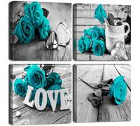 Black and White Floral Canvas Wall Art for Bathroom Walls Teal Blue Rose Wall Decor Romantic Flower Pictures Rustic Bouquet Painting Modern Prints Artwork Living Room Valentines Decorations 12x12" 4P