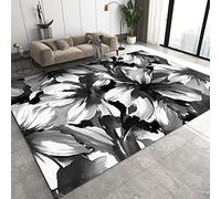 Black and White Floral Ink Texture Area Rug Abstract Pastoral Style Hand-Drawn Low-Pile Carpet Machine Washable - Perfect for Living Room Bedroom Dining Room - 80 x 150 cm